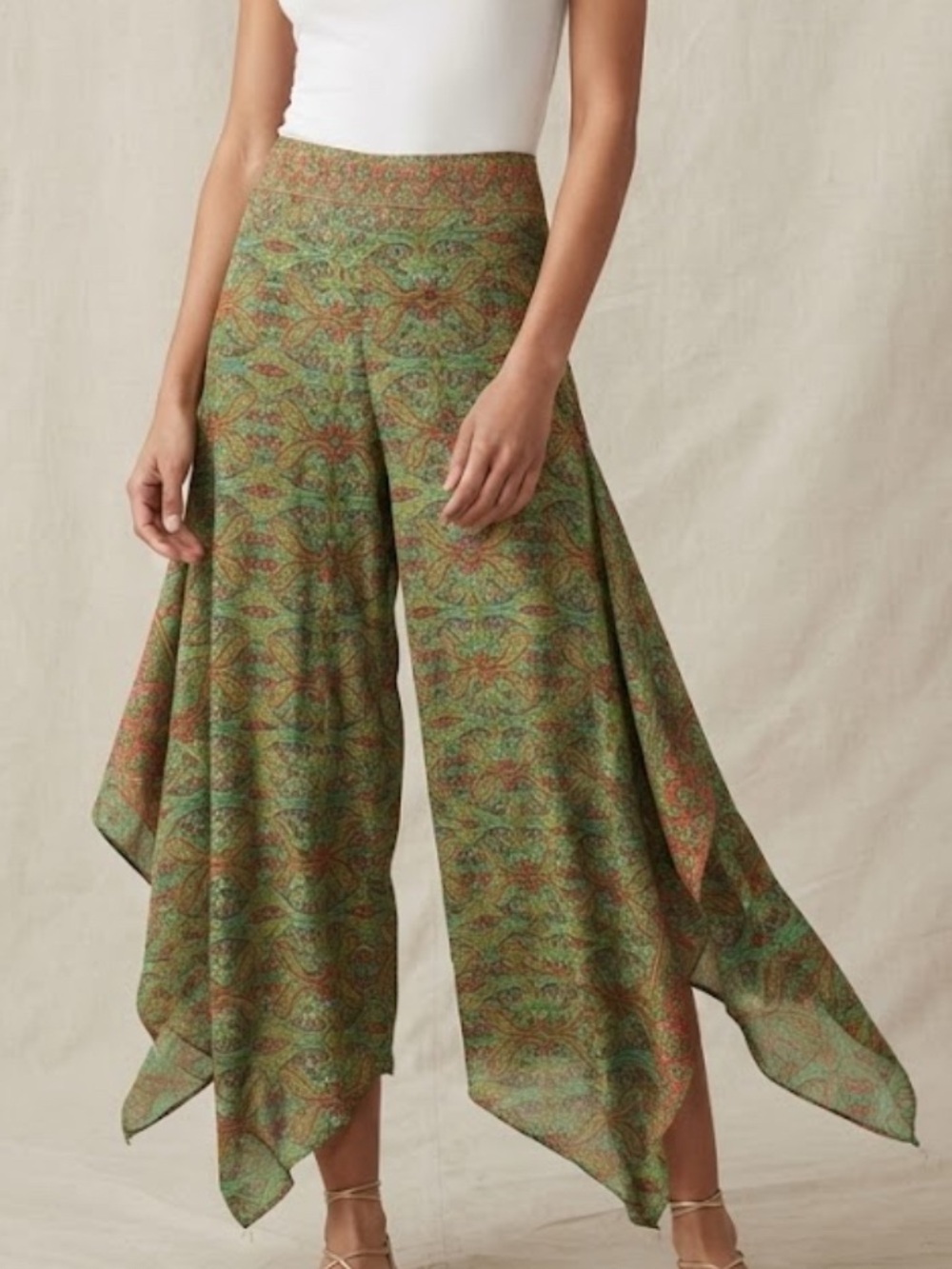 Wide-Leg Summer Green Boho Printed Split-Side Pants Size Medium